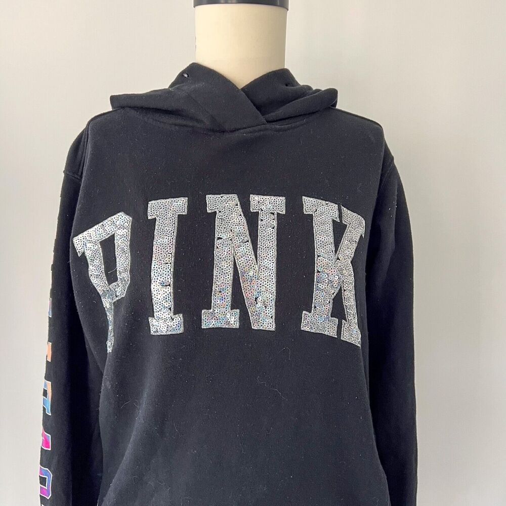 PINK Victorias Secret Womens Size XS Water Color Sequin Logo Bling Hoodie Rare - Picture 2 of 11